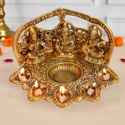 Chhariya Crafts Laxmi Ganesh Saraswati Idol With 5 Face Diya For Home And Office Aluminium Table Diya
