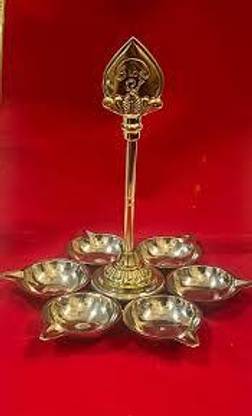 NAYAAA Heavy Brass Big Size Arumuga vel vilakku set for murugan pure brass 6 Diya Set Brass Table Diya Set