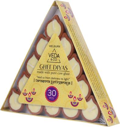 Welburn Veda&Co Pure Cow Ghee Diya for Puja, 45 Mins Burn Time, Ready to Use Ghee Filled Clay Terracotta (Pack of 30) Table Diya Set