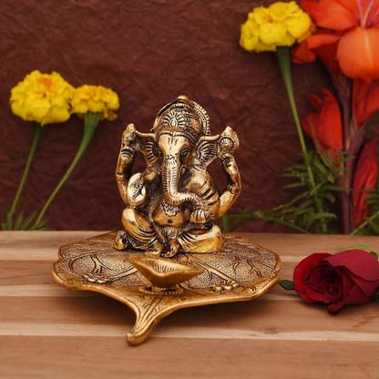 Collectible India Ganesha on Leaf Idol Showpiece with Diya Stand Oil Lamp For Puja - Diya For Home Temple Mandir Decoration Aluminium Table Diya