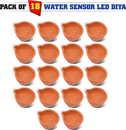 SLYKA Water Sensor Brown Real Diya, Lighten Up When Fill with Water Plastic (Pack of 18) Table Diya Set