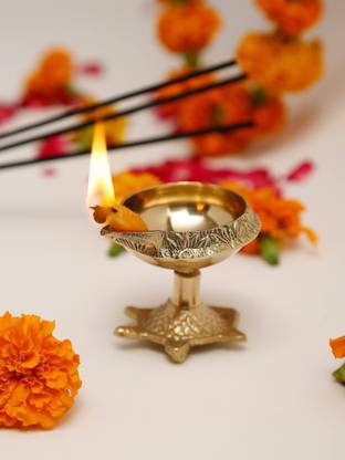 Effigy Onlinehub Brass Kuber Diya with Turtle Base Stand pack of 1 Brass Table Diya