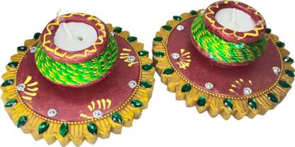 SHAGUN EK ANOKHA RISHTA Terracotta Thread Matki Diya with Wax Handmade Clay Deepak(Multicolor) Terracotta (Pack of 2) Table Diya