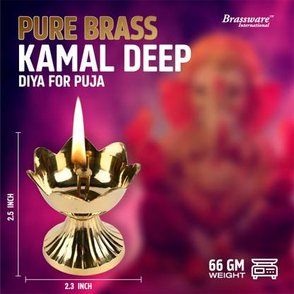 Brassware International Pure Brass Kamal Deep Diya for Puja | Oil Lamp | XS Size 66 gm Brass Table Diya