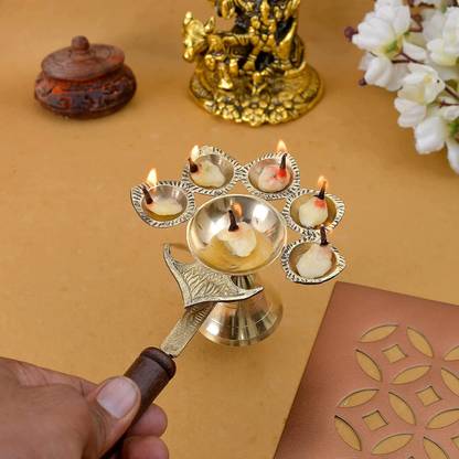 EliteTouch Puja Diya for Diwali/Navratri Arti diya, Aarti diya, diya with stand Panchmukhi Brass Table Diya