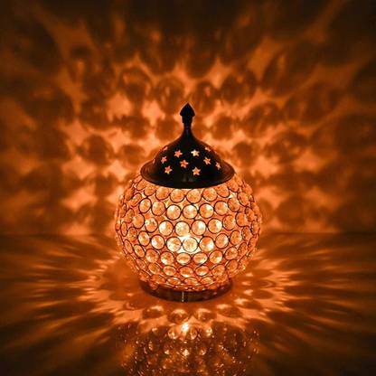 CraftVatika Akhand Diya Decorative Brass Crystal Oil Lamp Tea Light Holder Lantern Oval Shape Decoration Puja Lamp Crystal, Brass Table Diya Set