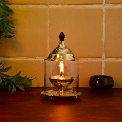 T-KA108 Brass Akhand Diya with Borosilicate Glass Brass Table Diya Set Brass Table Diya