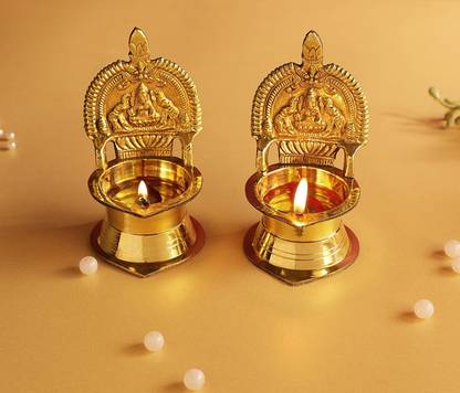 DOKCHAN Kamakshi Devi Brass Oil Deepam/Diya for Pooja|Mandir| Diwali Festival Decoration Brass (Pack of 2) Table Diya