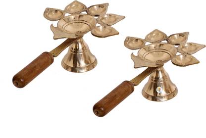 KDT Brass Aarti Diya/Deepak Dhoop Dani with Wooden Handle Akhand Jyot Dia Set of 2 Brass (Pack of 2) Table Diya Set