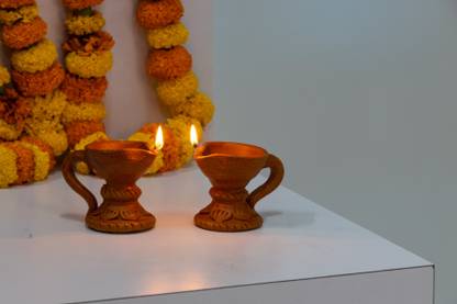 Haus Fabula Handcrafted Terracotta Stand Diya Set for Home/ Pooja/ Navaratri/ Diwali Decor Terracotta (Pack of 2) Table Diya Set