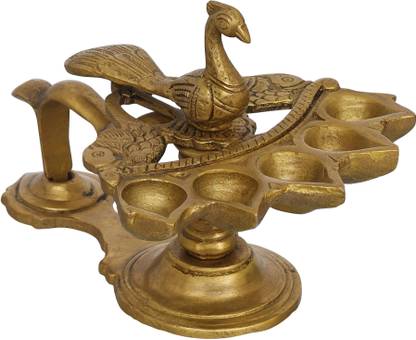 shyam antique creation Peacock Design Panch Aarti Diya with Handle Bird Shape Deepak Deepam for Diwali Brass Table Diya
