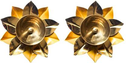 IAE Brass Diyas for Pooja Lotus Shape Kamal Patta Pital Diyas for Diwali Decoration Brass (Pack of 2) Table Diya Set