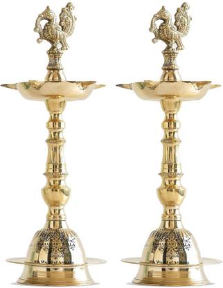 IndianArtVilla Brass Stand Pillar Diya With Dana kashi Murga Design Total Height-10 Inches Brass (Pack of 2) Table Diya Set
