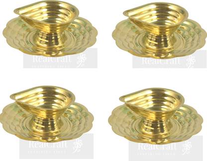 रीयल क्राफ्ट Brass Diya for Puja Aarti Deepak Deepam Oil Lamp for Home Temple पीतल (4 का पैक) टेबल दीया
