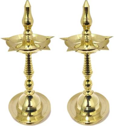 Puja N Pujari Kerala Long Brass Oil Lamp Pair for Pooja Temple Festive Gift Brass (Pack of 2) Table Diya Set