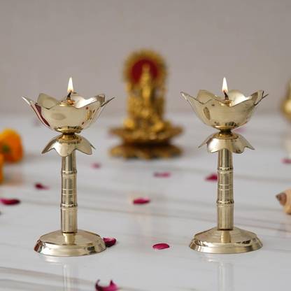 Vikram Metal Brass Samai Deepak Stand for pooja | Brass Diya stand | Small Size Brass (Pack of 2) Table Diya Set