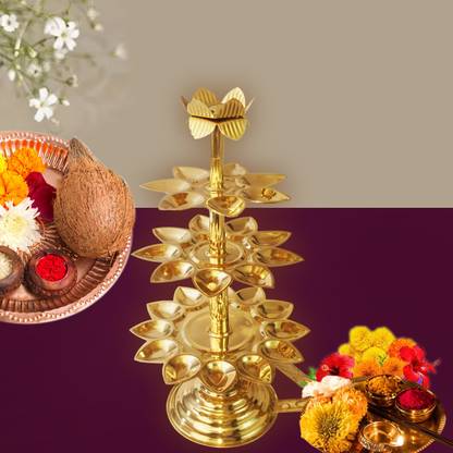 Aarti Diya Tradizionale In Metallo Con Tre Stoppini, Lampada A Olio Decorativa Artigianale Per Pooja E Regali