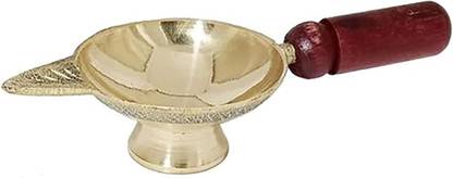 पुहुप Aarti Diya with Wooden Handle Brass Diya Diyas Oil Lamps Chirag Deepak Wick पीतल टेबल दीया
