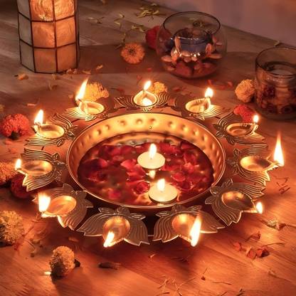 ZUNISHOP Lotus Design Golden Shiny Decorative Urli / 7 Lotus Diyas Iron Table Diya
