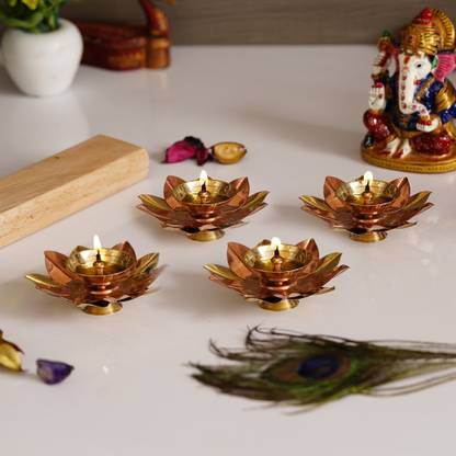 eCraftIndia Set of 4 Floral Shape Metal Diya Brass (Pack of 4) Table Diya Set