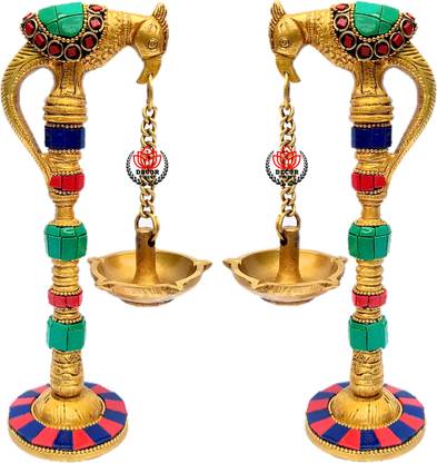 DecorTwist Diya Brass Parrot Hanging With Stone Disinge Set of 2 Deepak Parrot Hanging Brass (Pack of 2) Table Diya Set
