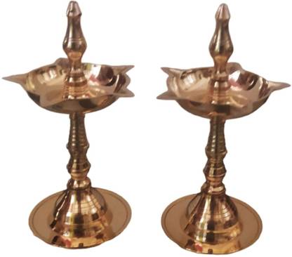 SujArta Nanda Deepa / Diya / Deepam Set, Premium Brass made SMALL 7 Inch Size Diya Brass (Pack of 2) Table Diya Set