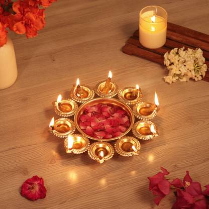 ALTINORA 10 inch Golden Shiny Urli |Floating Flowers Bowl| Diwali Decoartions Iron Table Diya