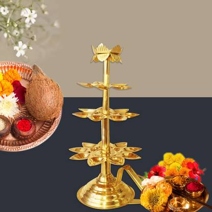 Shrinika Traditional Indian Brass Aarti Diya Stand Set with 21 Lamps Weight - 550 g Brass Table Diya