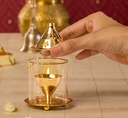Misr Puff Vintage Brass Diya Glass Table Diya Set