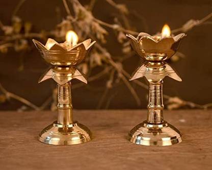 Divine Arts Kamal Diya Stand (pack of 8)(size 5x3 Inches) Brass (Pack of 8) Table Diya Set
