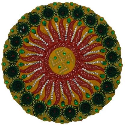 Sattvapuja Wellness Pvt Ltd Traditional Decorative Rangoli diya Plate with Swastik Design Pottery Table Diya