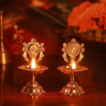 T-KA108 Pure Brass Shanku Chakra kuber Diya Diwali Decoration Item for Home Decor Brass (Pack of 2) Table Diya Set