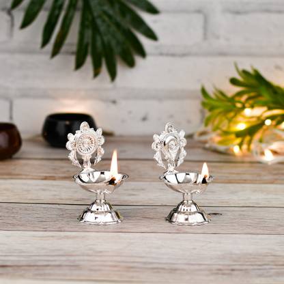 T-KA108 Elegant German silver oil lamp set for puja with Shanku-Chakra. Brass (Pack of 2) Table Diya Set
