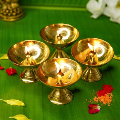 Ekhasa 100% Pure Brass Diya for Puja | Deepam Kundulu Pooja Diya | Brass (Pack of 4) Table Diya Set
