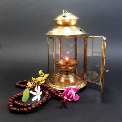 eze enterprises DIya/lamp Cover with glass (without Lid and Lamp)for Tulsi Deepam / Akhand Diya. Brass, Glass Hanging Diya Set