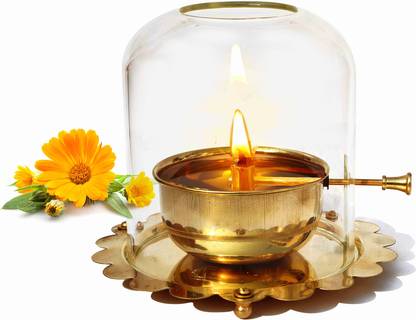 Pure Source (India) 5.5-inch Akhand Jyot Diya Oil Lamp with Adjustable Wick & Glass Cover Lid Brass, Glass Table Diya