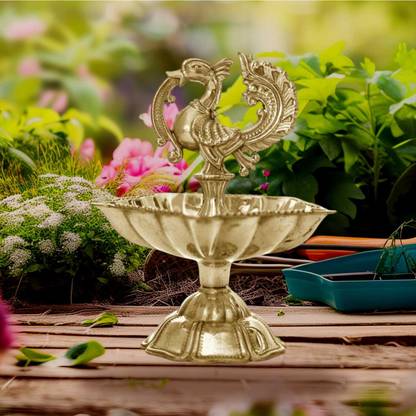 Denique Peacock Design Diya for Home Kuthu Vilakku Decoration Items for Home Decor Brass Table Diya