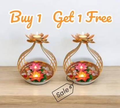 A S CRAFTS HUB Tealight Lotus Bowl Urli with Flowers Attach Candle Holder Iron (Pack of 2) Table Diya