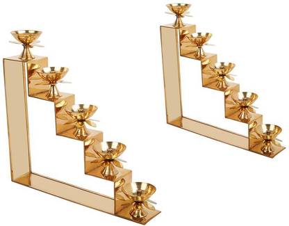 Tangerine Brass 5 step lamp, Lotus Lamp, Diya, Padi Vilakku, step diya Brass (Pack of 2) Table Diya