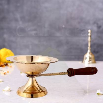 EliteTouch Wooden Handle Kapoor Aarti, Dhoop dani / Brass Diya Quality Brass Table Diya Brass Table Diya