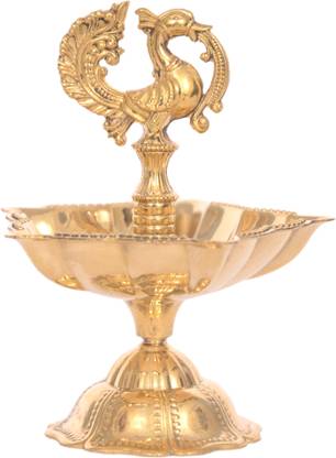 T-KA108 Brass Shine Finish 4" Stand/Pillar Diya/Deepak/Lamp/Lantern in Peacock Design Brass Table Diya