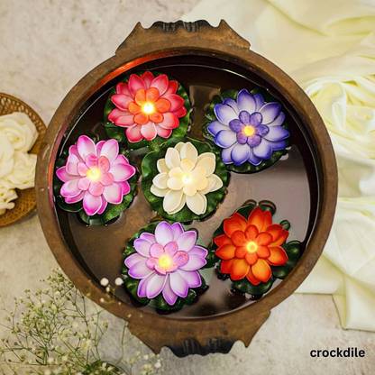 crockdile Soft EVA Floating LED Lily Pads - Water Decor Plastic, Silicone (Pack of 6) Table Diya Set