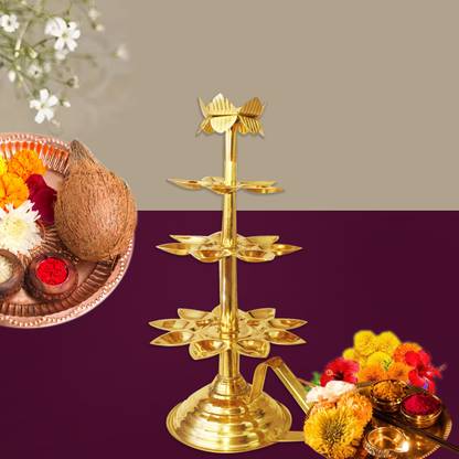 Shrinika Traditional Indian Brass Aarti Diya Stand Set with 21 Lamps Weight -550 g Brass Table Diya