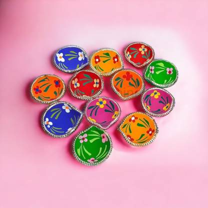 BS NATURAL 21 pice colour diya Natural Clay Traditional Diwali Ke Diye | Earthenware (Pack of 21) Table Diya Set