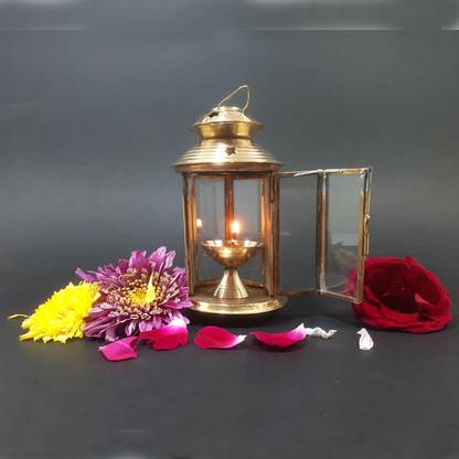 eze enterprises DIya/lamp Cover with glass (with Lamp/Diya) for Tulsi Deepam / Akhand Diya. Brass, Glass Hanging Diya Set