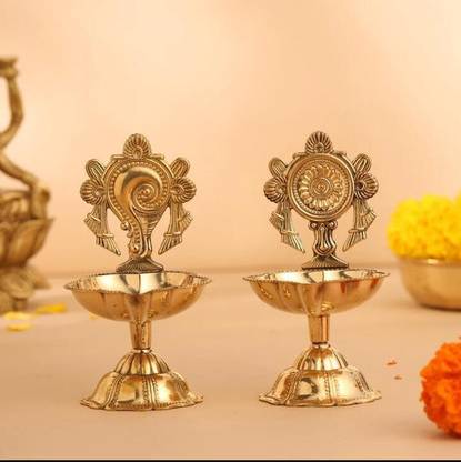 Flickkerbox Brass Shanku Chakra Kuber Diya, Deepam for Home Pooja Decor Brass Table Diya Set