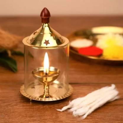 EliteTouch Brass Akhand Diya with Glass Cover/Akhand Diya/Jyoti Diya/Oil Puja Lamp/ Brass Table Diya