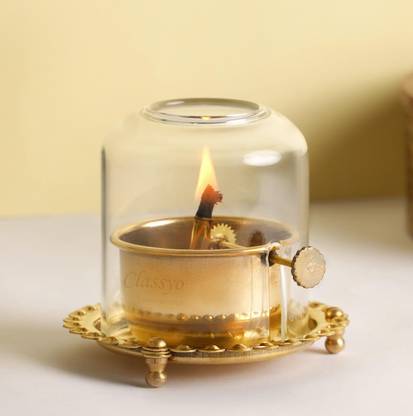 EliteTouch BRASS AKHAND JYOT DIYA | Brass Table Diya | Akhand Deep | Glass cover diya Brass Table Diya