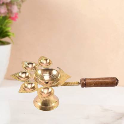 EliteTouch Brass Deepak Panchdeep Puja Diya Lamp, Pancharti 5 Faces Deep Brass Table Diya Brass Table Diya