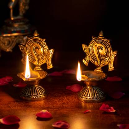 StatueStudio Brass Diya Shankh Diya Pooja Oil Lamp for Diwali Gift Home Decor Light Lamp Brass Table Diya